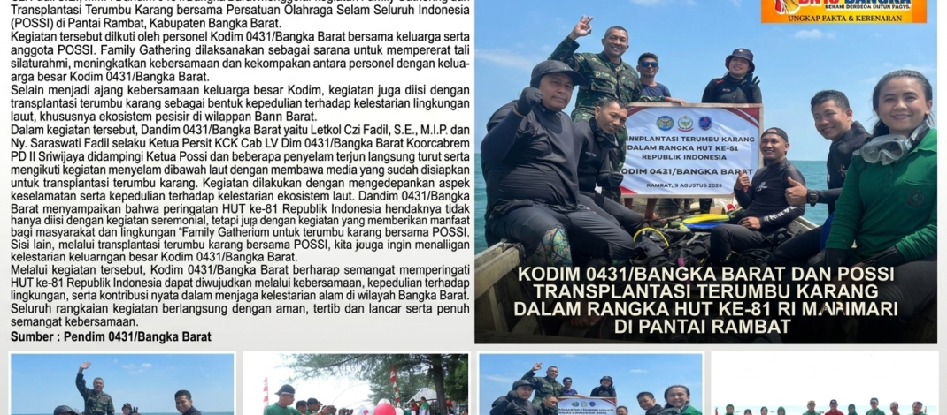 Jaga Ekosistem Laut, Kodim 0431/Bangka Barat dan POSSI Lakukan Transplantasi Terumbu Karang di Pantai Rambat