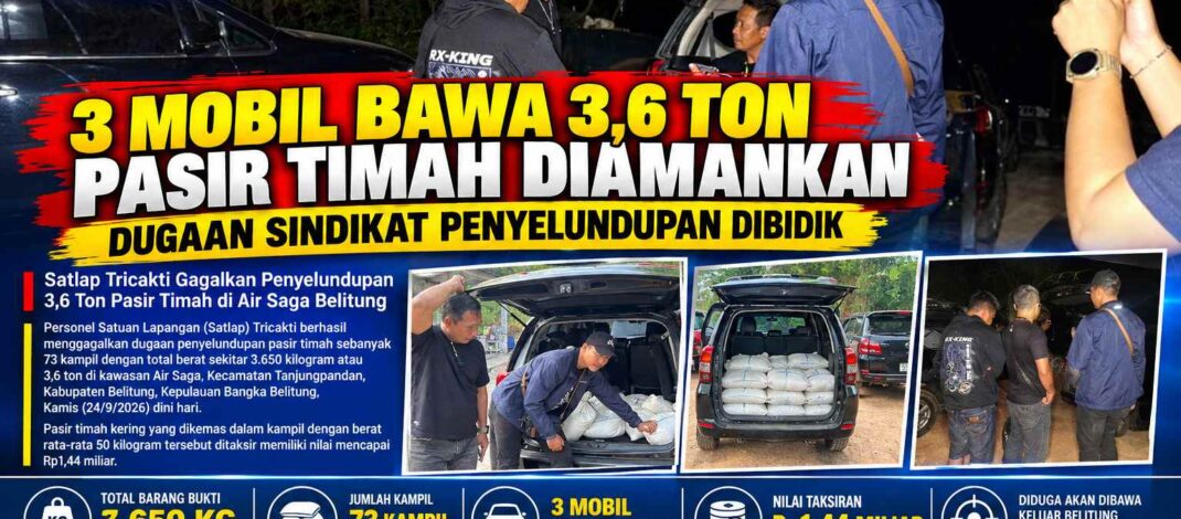 Satlap Tricakti Gagalkan Penyelundupan 3,6 Ton Pasir Timah di Air Saga Belitung